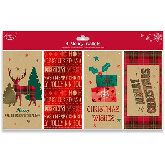 4 x Christmas Card Money Wallets Gift Voucher Holder