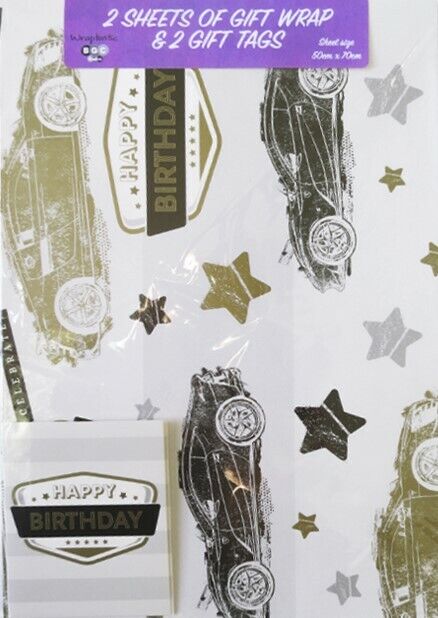 2 Sheets & 2 Tags of Car Gift Wrap