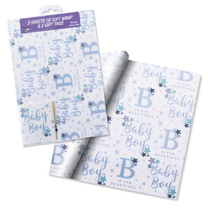 2 Sheets & 2 Tags of New Baby Boy Gift Wrap