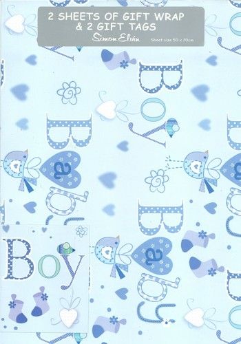 2 Sheets & 2 Tags of New Baby Boy Gift Wrap