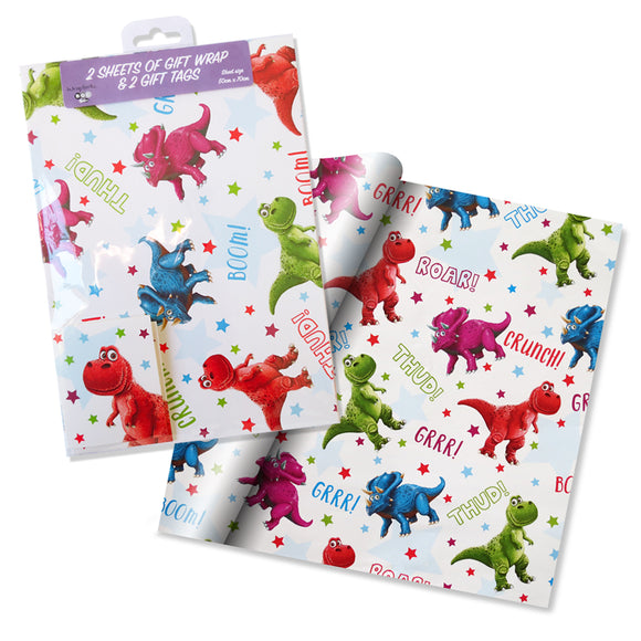 2 Sheets & 2 Tags of Dinosaur Gift Wrap