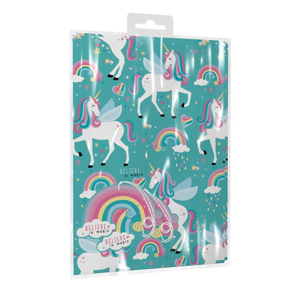 2 Sheets & 2 Tags of Unicorn & Rainbow Gift Wrap